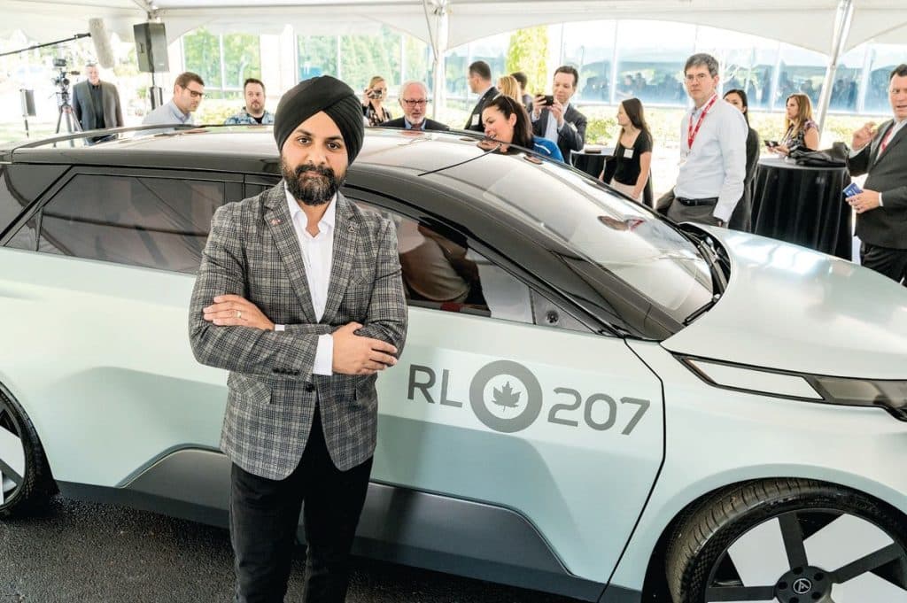 Colin Singh Dhillon, chief technical officer at APMA in front of the zero-emission concept vehicle named Project Arrow, at City Hall.