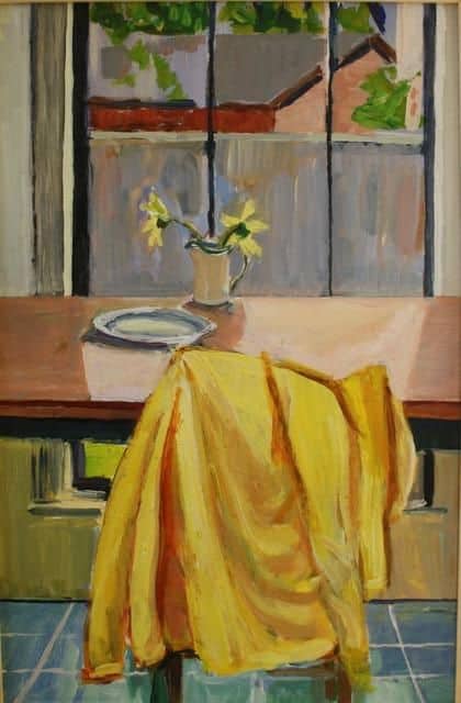 Painting of a yellow raincoat on a chair