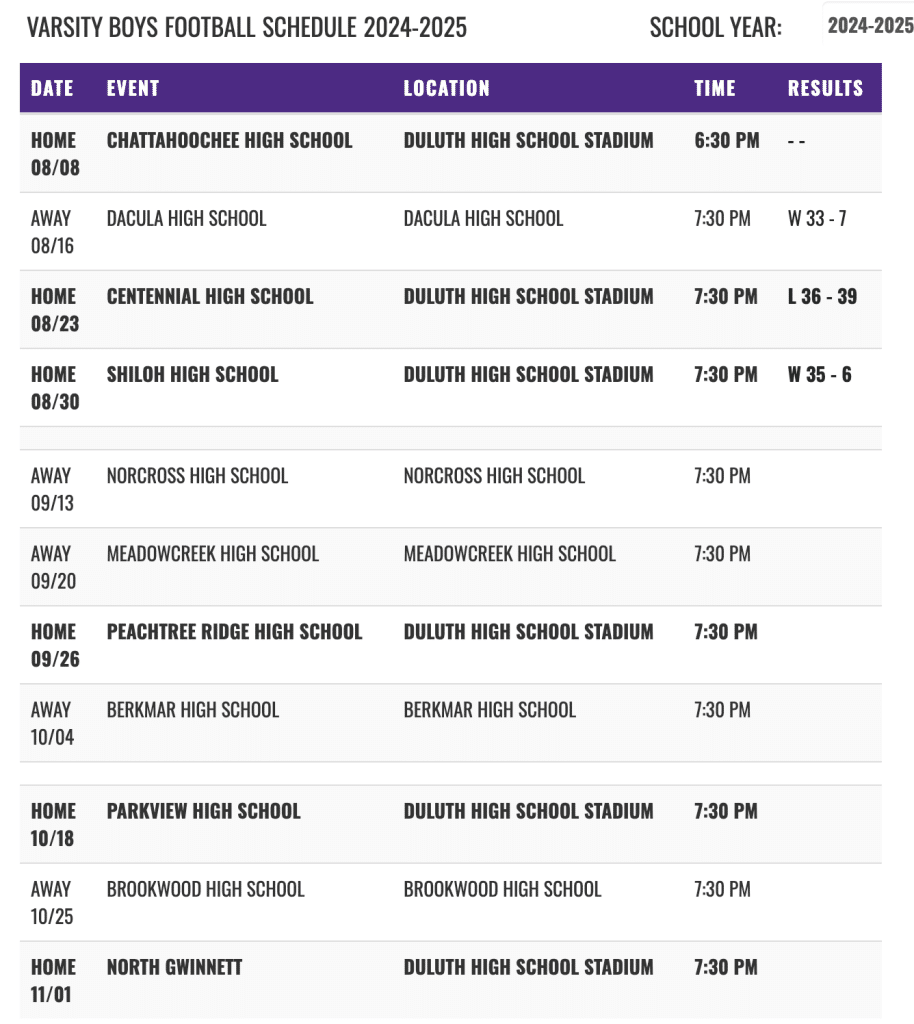 football game schedule