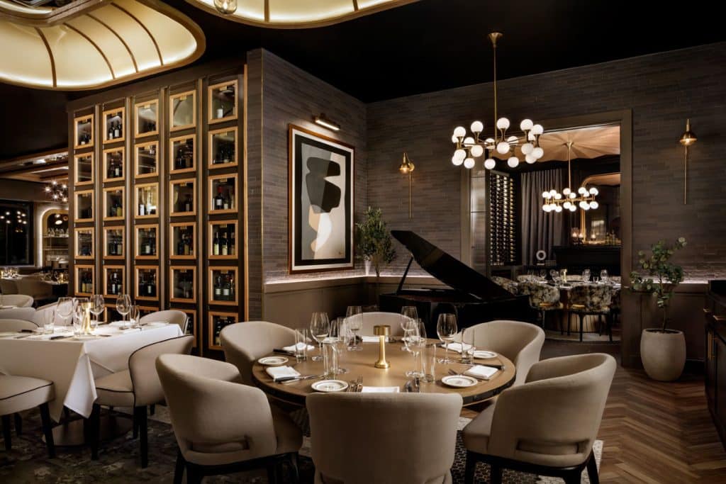 fancy dining room with piano in an upscale restaurant