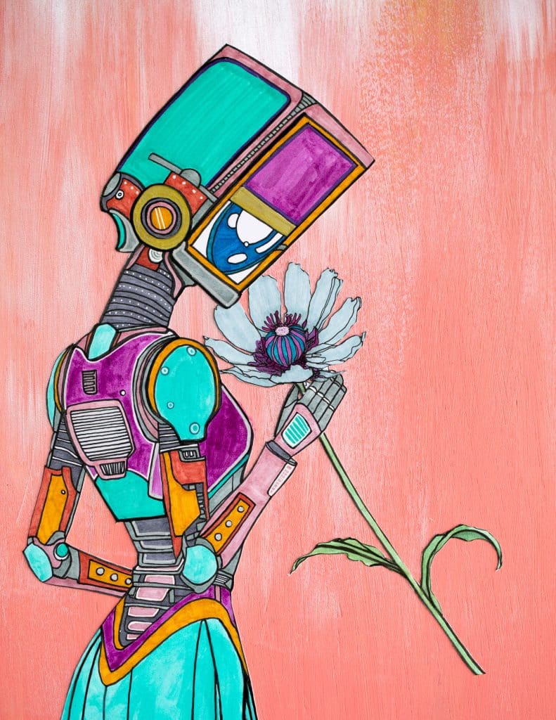 mixed media art showing a colorful robot holding a flower