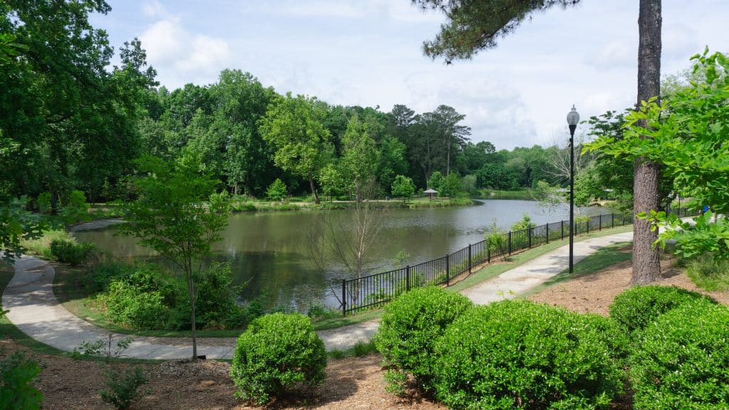 walking path, lake, and park surrounded by green trees