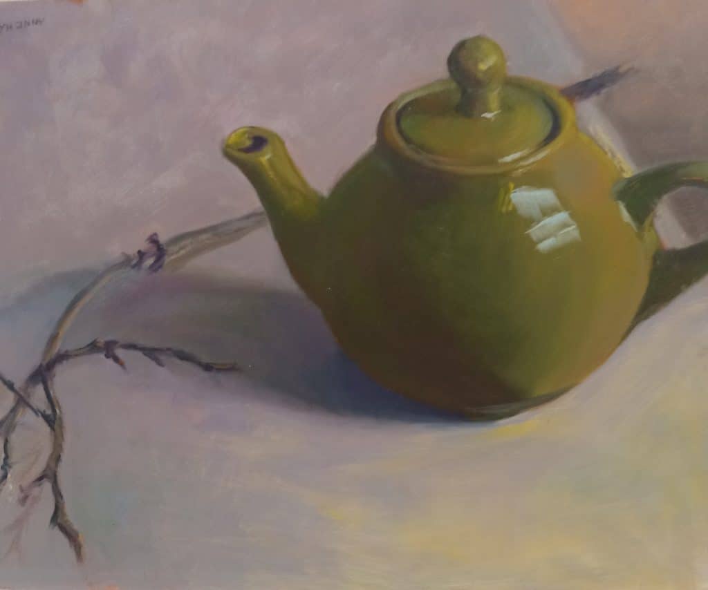 painting of a green teapot