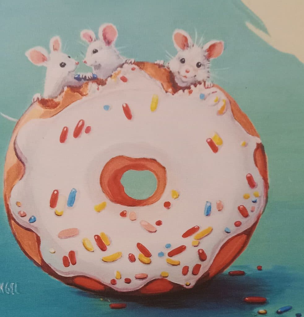 painting of three white mice eating a donut