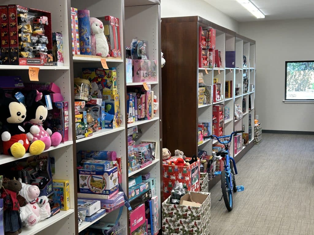 shelves of toys and games at a well-organized food pantry co-op