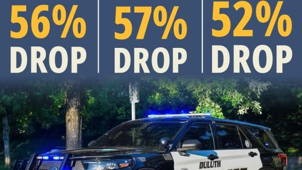 Flyer from Duluth, GA police with a black and white police car beneath stats showing a decrease in crime for the year.