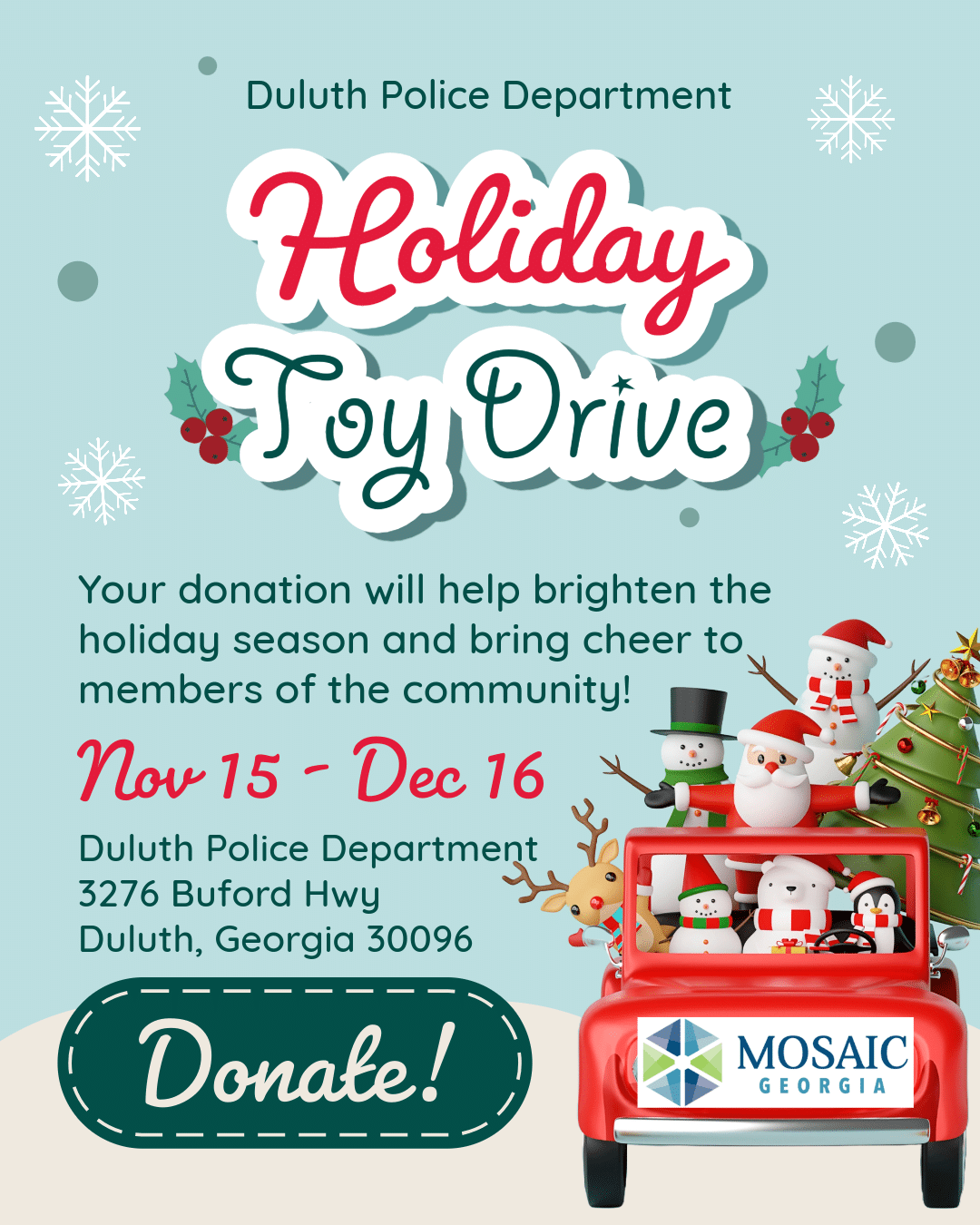 Flyer for the Duluth Police Department's Holiday Toy Drive