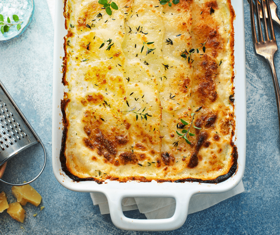 Baking dish of scalloped potatoes 