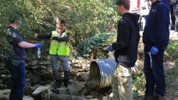 a group of students studying water quality in a small stream in a wooded area