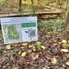 Small sign on the ground at a nature center informing about improvements being made to the park