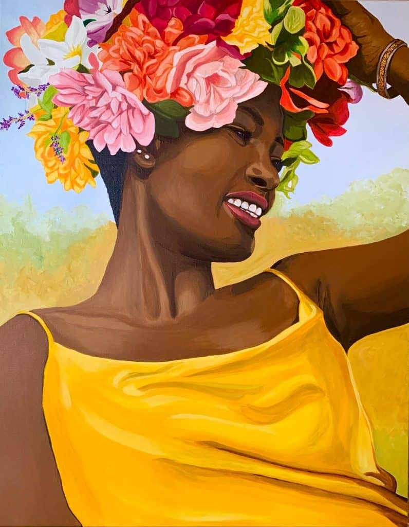 Bright, colored painting titled "sunshine" by Kammi Moon. The subject is a smiling Black woman wearing a yellow dress and a pink, red and yellow flower garland.