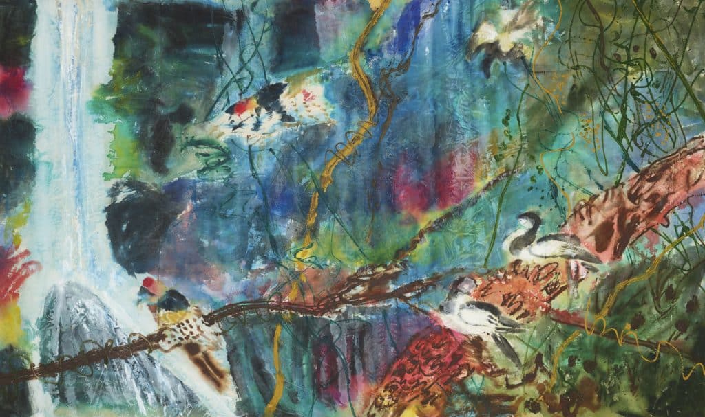 Colorful impressionistic painting of birds and nature from artist Kim Chong Hak