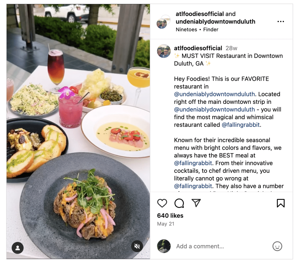 Instagram screenshot of a meal at Falling Rabbit in Duluth, GA. There are multiple plates of food and drinks on an outdoor table.