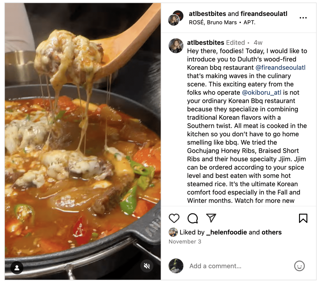 Instagram screenshot of a warm stew-like dish from Fire & Seoul restaurant