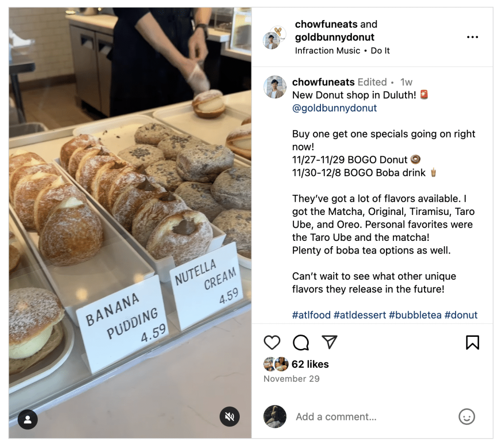 Rows of gourmet donuts on trays behind plexiglass at the ordering counter of Gold Bunny Donuts.