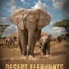 Poster for the Desert Elephants IMAX film, showing a large elephant with an elephant calf with desert landscape, scrubby trees and blue sky overhead