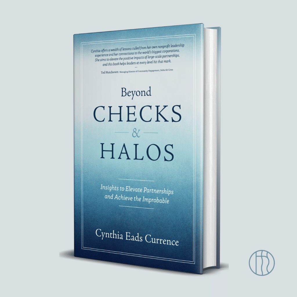 A book titled Beyond Checks & Halos by Cynthia Eads Currence. The cover is gradient shades of blue and white with text on top of it.