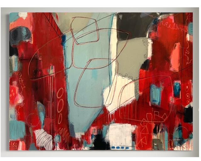 Abstract painting of reds, white and light blues. Titled "Lucania" by Terry Stone.