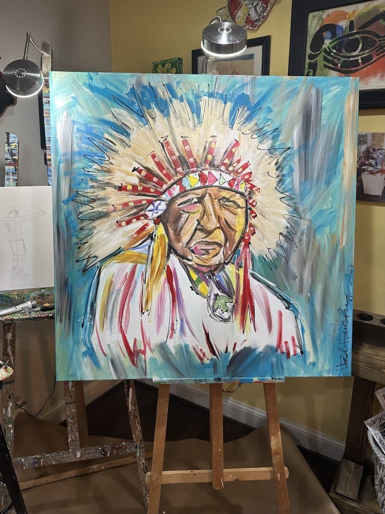 Painting of a Cherokee tribesman on a large canvas