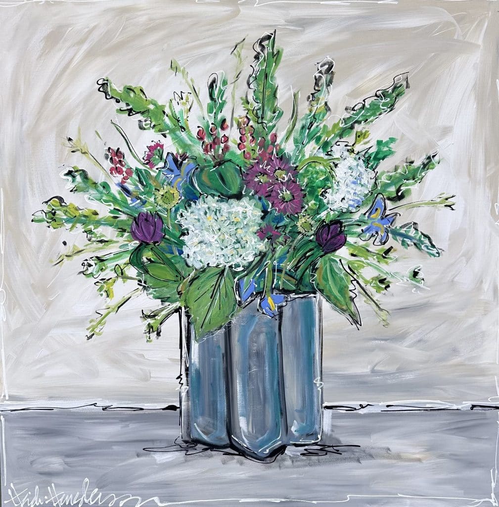 Painting of pastel flowers in a blue-grey vase