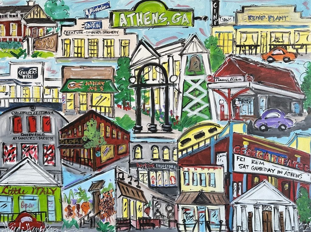 Collage painting of iconic landmarks in Athens, GA