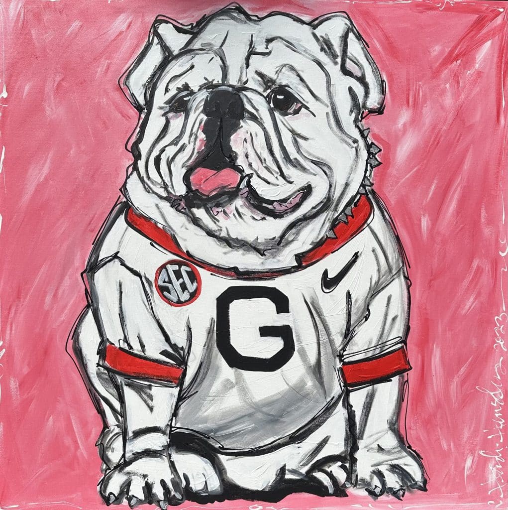 Painting of the UGA bulldog mascot with a red background