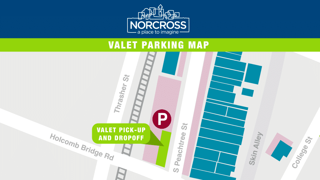 Colorful illustrated map of parking in downtown Norcross