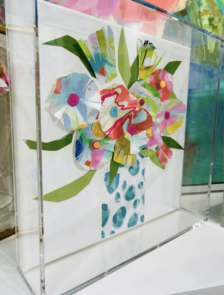 Colorful wallpaper art of flowers in a vase, collaged and mounted in an acrylic shadowbox