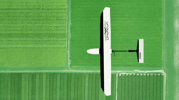 Overhead view of a white drone above a green farmland field.