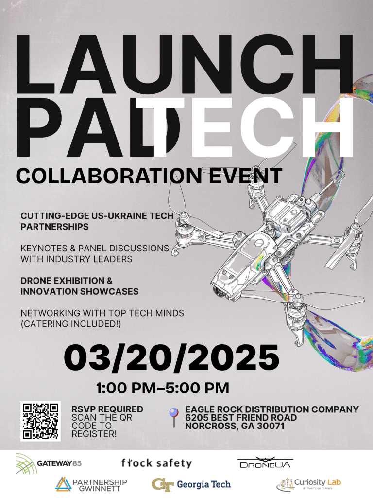 Poster for Launch Pad: Tech Collaboration Event. Black and white type on a light grey backgound.