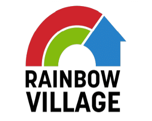 Rainbow Village logo with black text and red, green and blue graphic