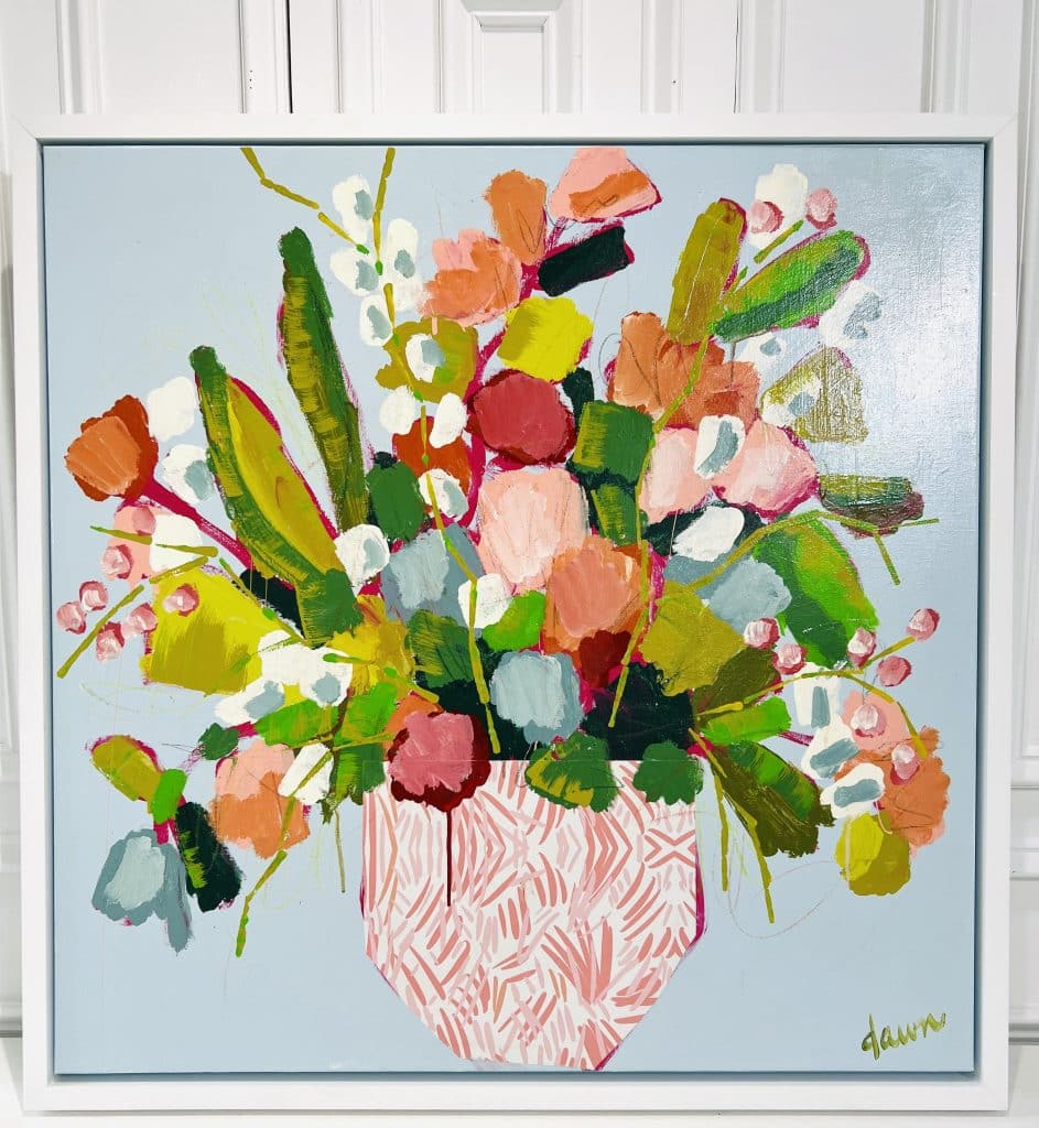 Colorful, acrylic painting of flowers in a pink and white vase