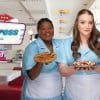 Three actresses in character, wearing light blue diner waitress costumes with white aprons and holding pies. They are promoting Waitress the Musical at Aurora Theatre.