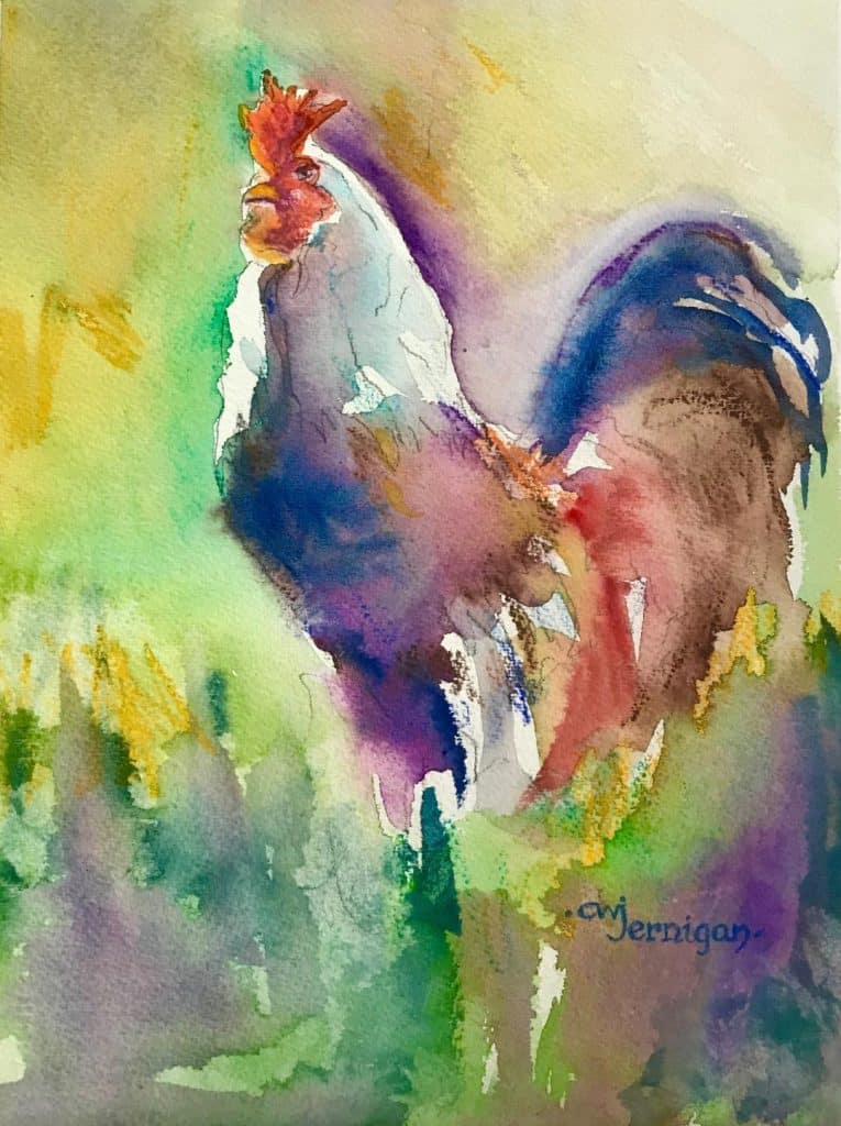 A colorful painting of a rooster with muted green and yellow-toned background and soft edges.