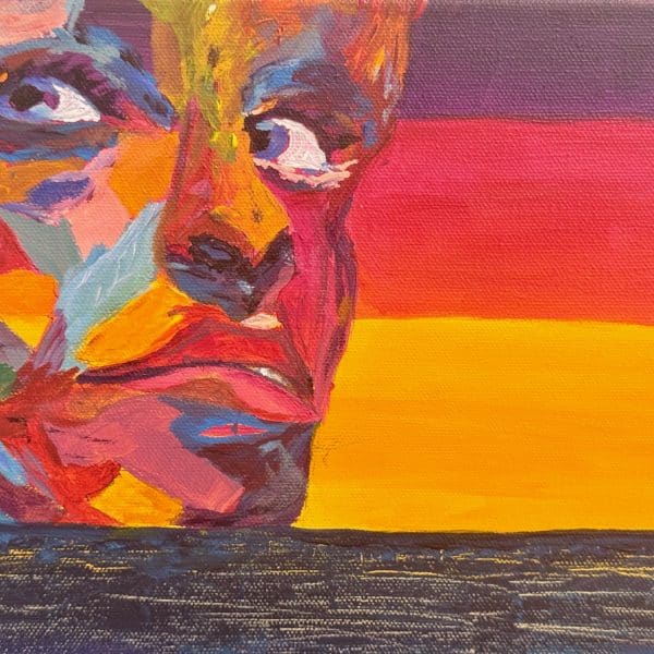 A multi-colored oil painting of a face against a purple, red and yellow-orange background. The color palette is all deep reds and golds with a few light blues.