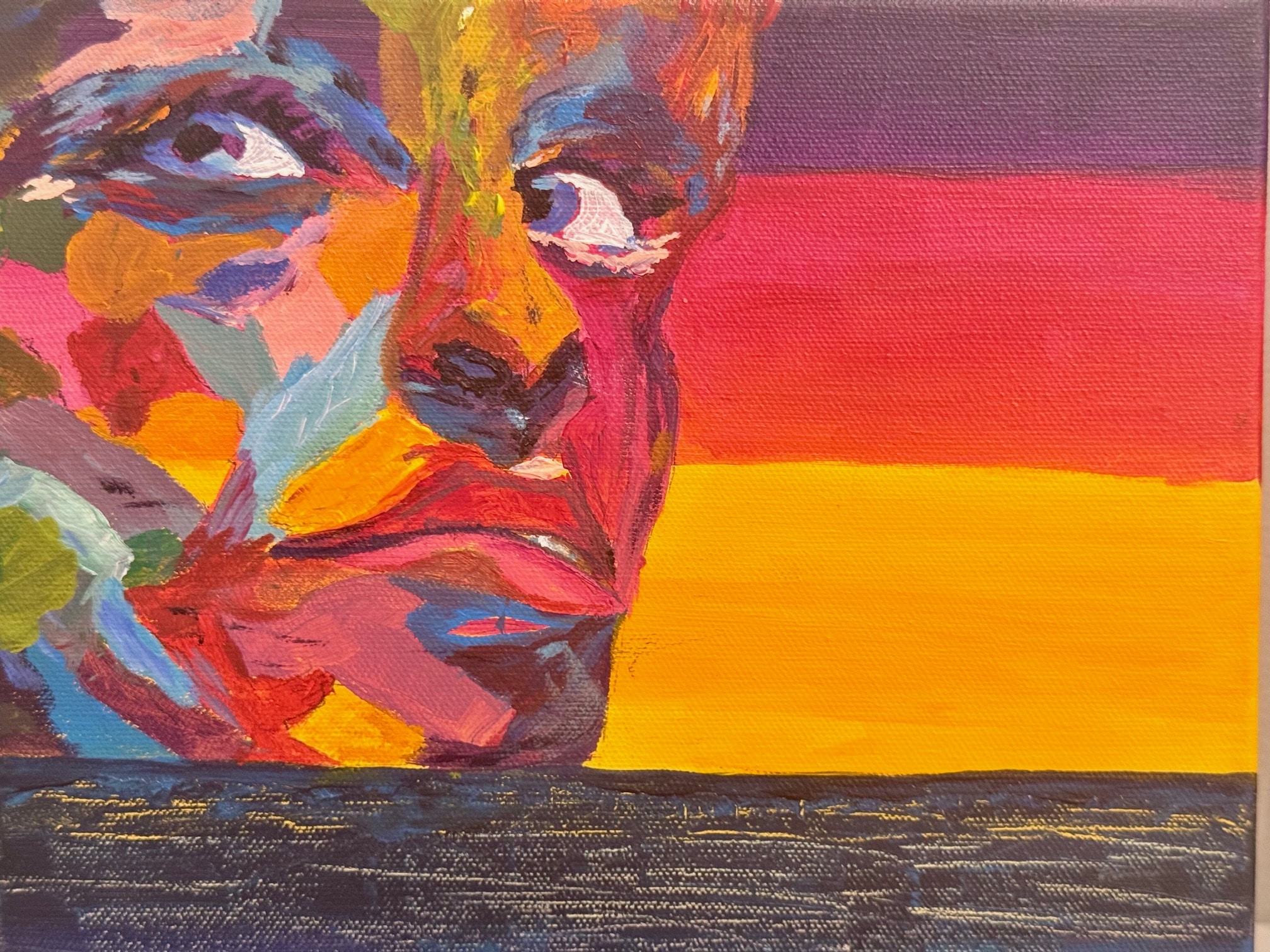 A multi-colored oil painting of a face against a purple, red and yellow-orange background. The color palette is all deep reds and golds with a few light blues.