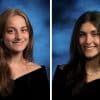 Senior photos of two female Norcross High School students. The one on the left has long blonde hair, parted in the middle. The one on the right has long black hair, parted in the middle. Both are wearing black, off-the-shoulder tops and have blue backgrounds behind them.