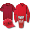 A short sleeve red shirt, a long sleeve red shirt, a red cap and a red tumbler with RED in white, against a white background