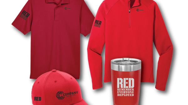 A short sleeve red shirt, a long sleeve red shirt, a red cap and a red tumbler with RED in white, against a white background