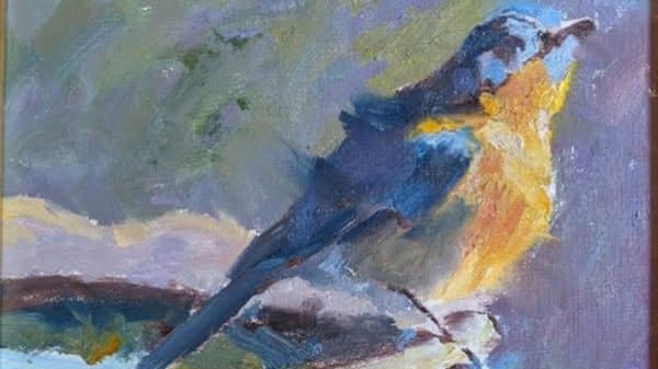 A painting of a blue and yellow bird on a birdbath, titled Bluebird of Happiness by Lynda Ellis