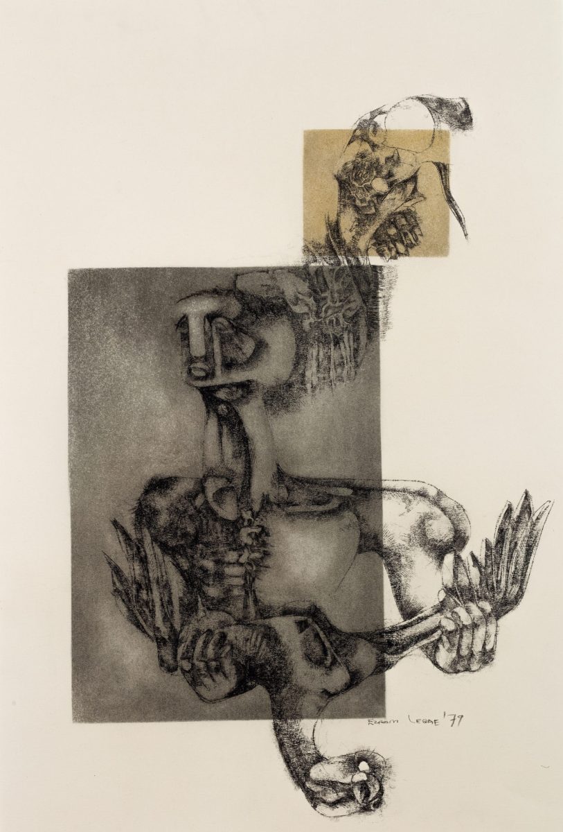 Graphite and pastel drawing "Chicken Series" by South African artist Ezrom Legae.